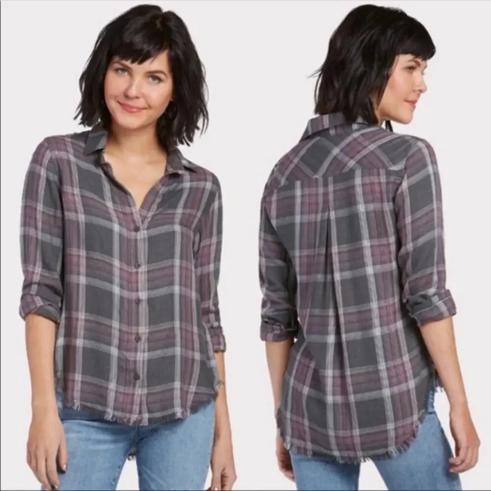 Cloth & Stone Brown Purple Plaid Top Frayed Hem Size S